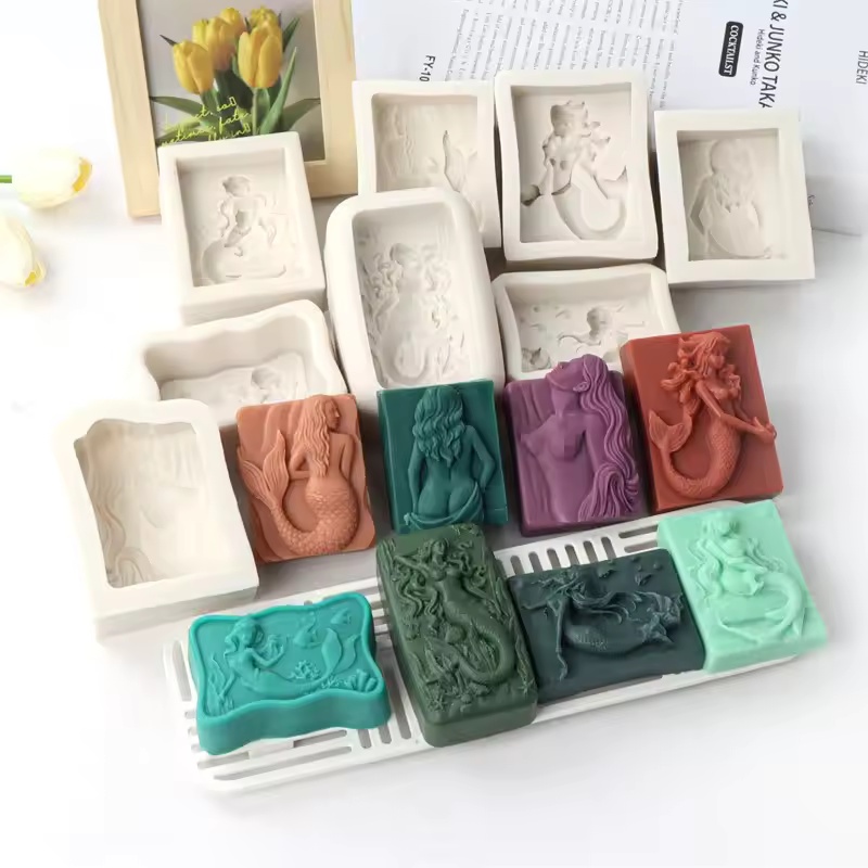 Soap Making Supplies Australia - Rechteckige 3D-Meerjungfrauen-Kerzenform im Ozean-Stil, DIY Relief-Meerjungfrauen-Seifenform